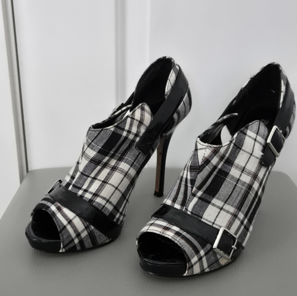 Plaid Black and White Women's Heels